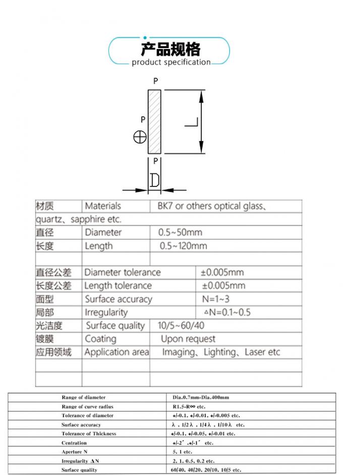 Diamètres de diamètre de l'approvisionnement direct 20mm d'usine différents Rod Optical Lens cylindrique pour le système de mesure de laser avec le petit prix